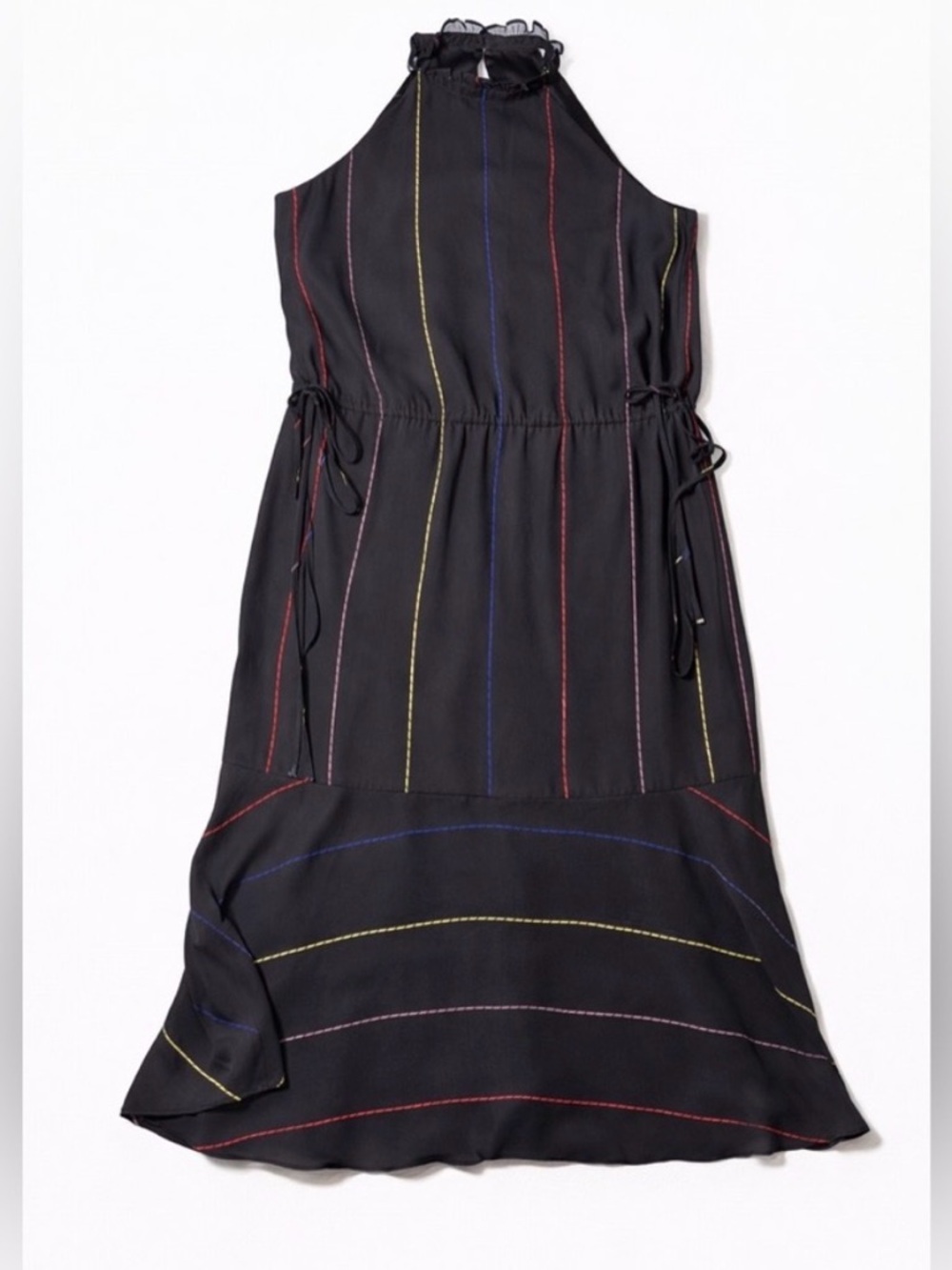 Gianni Bini Black Midi Dress Ruffle Neck Multicolor Stitch M - Picture 3 of 5